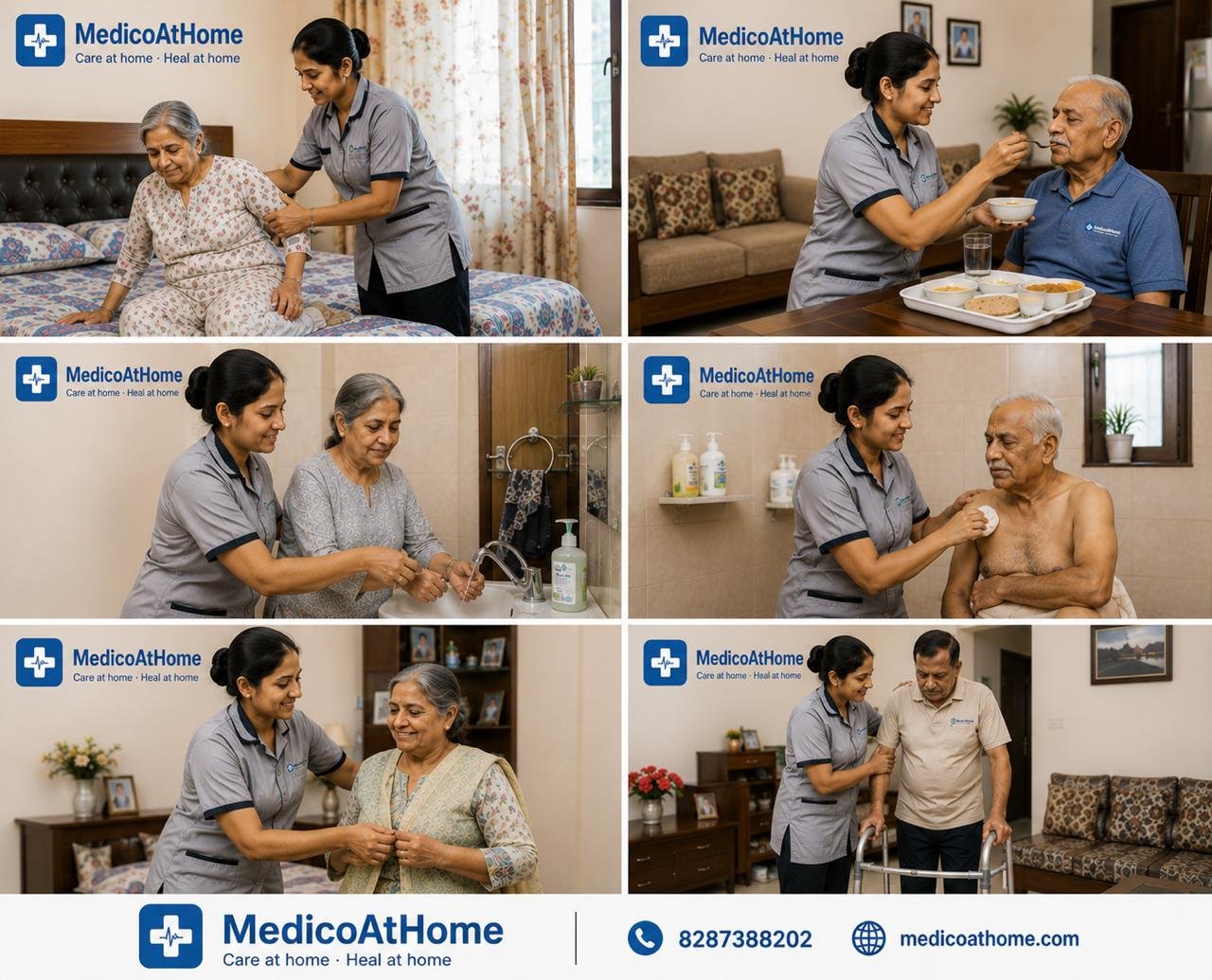 MedicoAtHome caregiver assisting an elderly patient at home